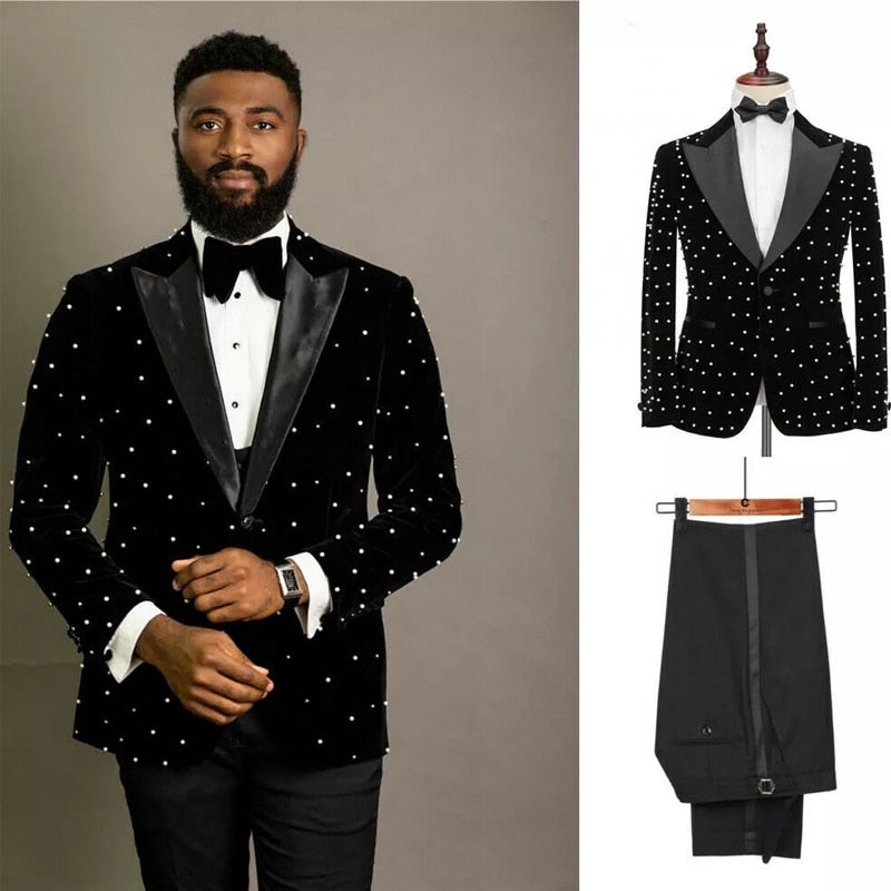 Stunning Beading Men Suits Slim Fit Black Velvet Wedding Tuxedos 2 Piece African Fashion Jacket with Pants Groom Wear - Bekro's ART