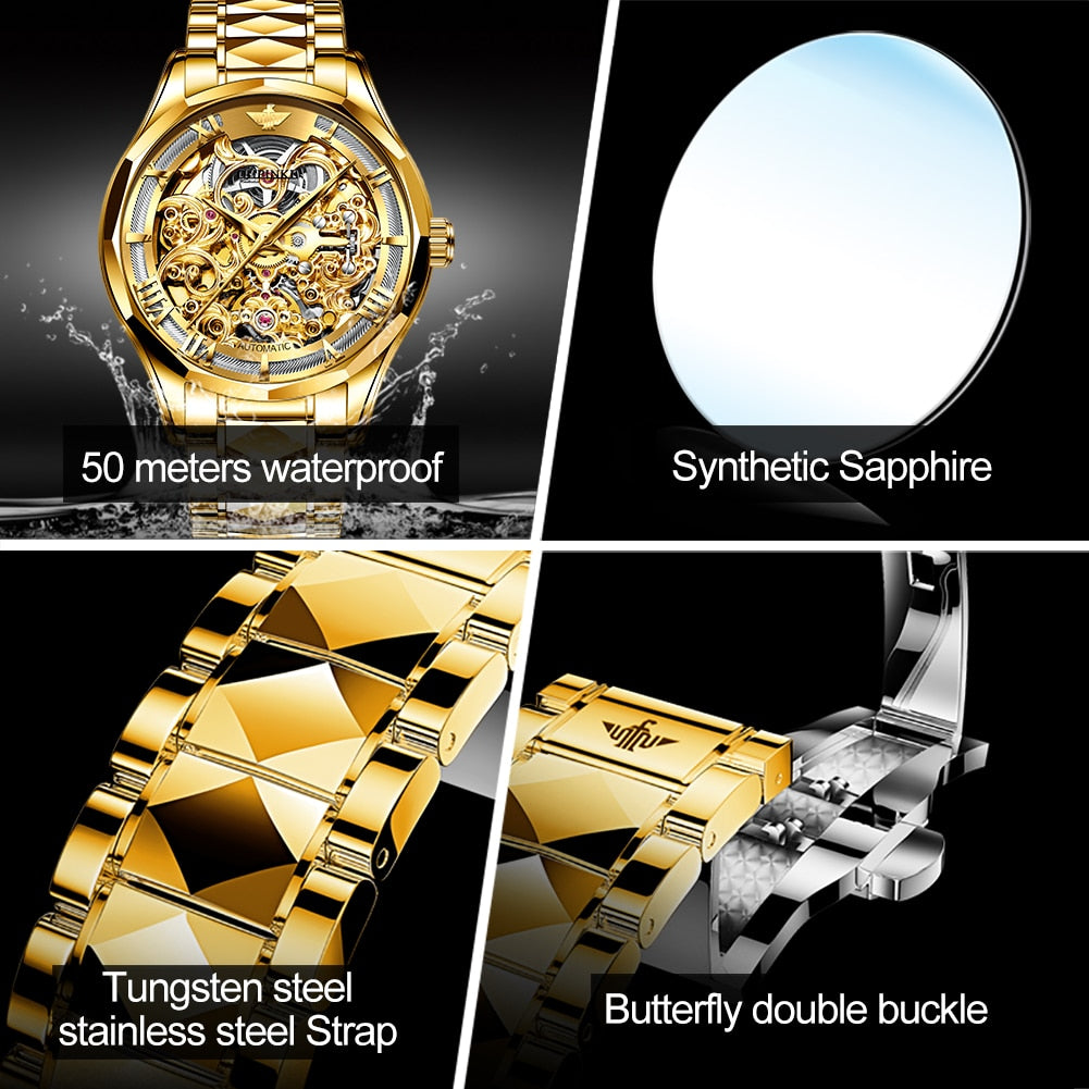 OUPINKE Watches for Men Skeleton Automatic Mechanical Watch Self Winding Sapphire Crystal Luxury Dress Tungsten Steel Waterproof - Bekro's ART
