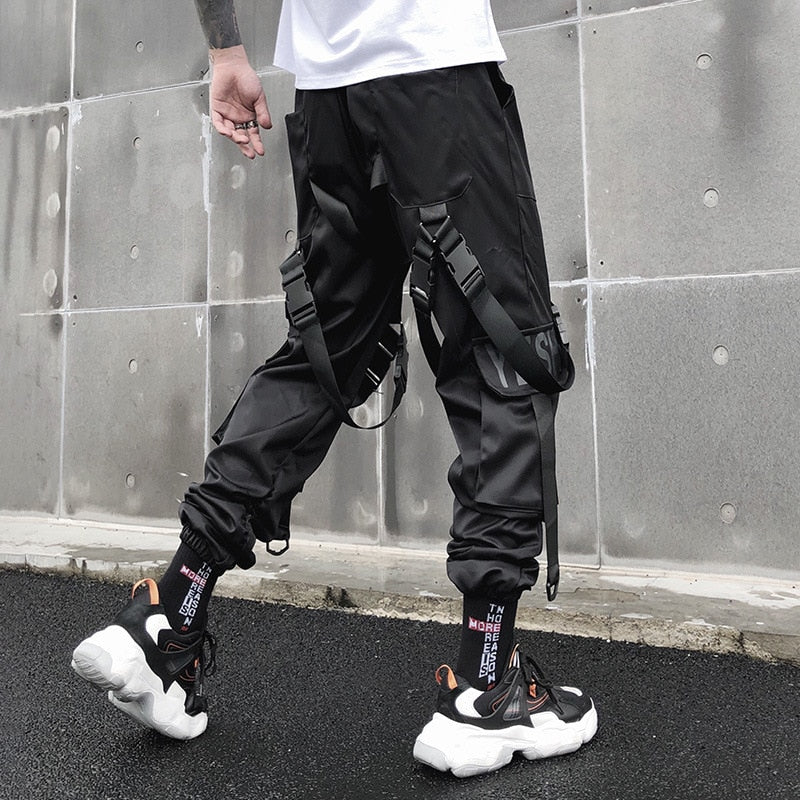 Men Hip Hop Black Cargo Pants joggers Sweatpants Overalls Men Ribbons Streetwear Harem Pants Fashions Trousers - Bekro's ART