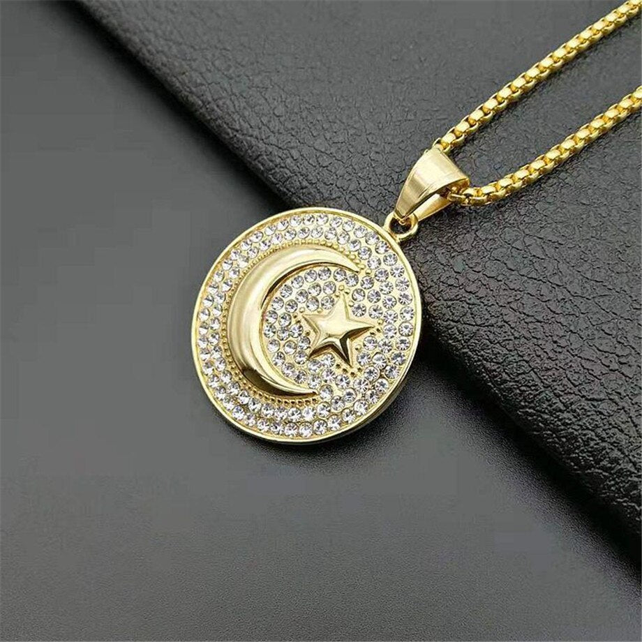 Muslim Crescent Moon and Star Pendant  Round Necklace Hip Hop Iced Out Men Islamic Jewelry - Bekro's ART