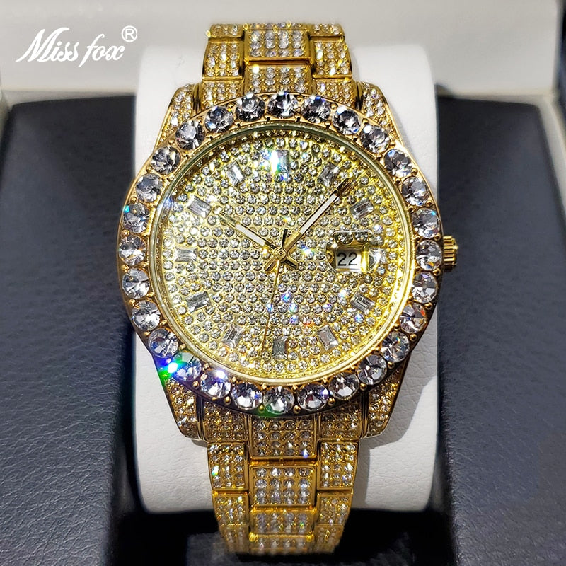 MISSFOX Men's Watches 18K Gold Full Diamond Luxury Quartz Watch For Man Waterproof Hip Hop Wristwatch Party Jewelly - Bekro's ART