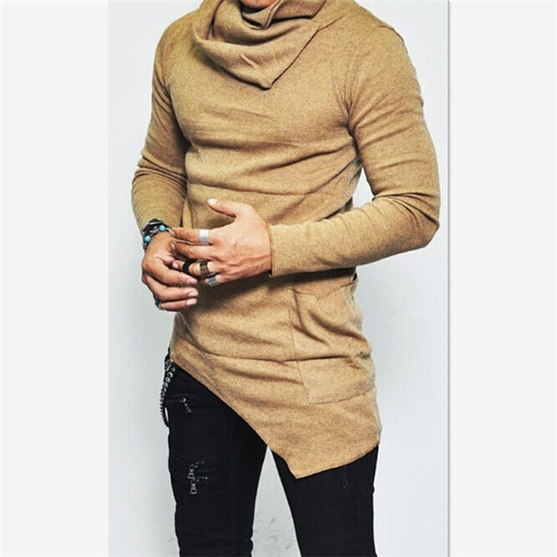 Men's Hoodies Unbalance Hem Pocket Long Sleeve Sweatshirt For Men Clothing Autumn Turtleneck Sweatshirt Top Hoodie - Bekro's ART