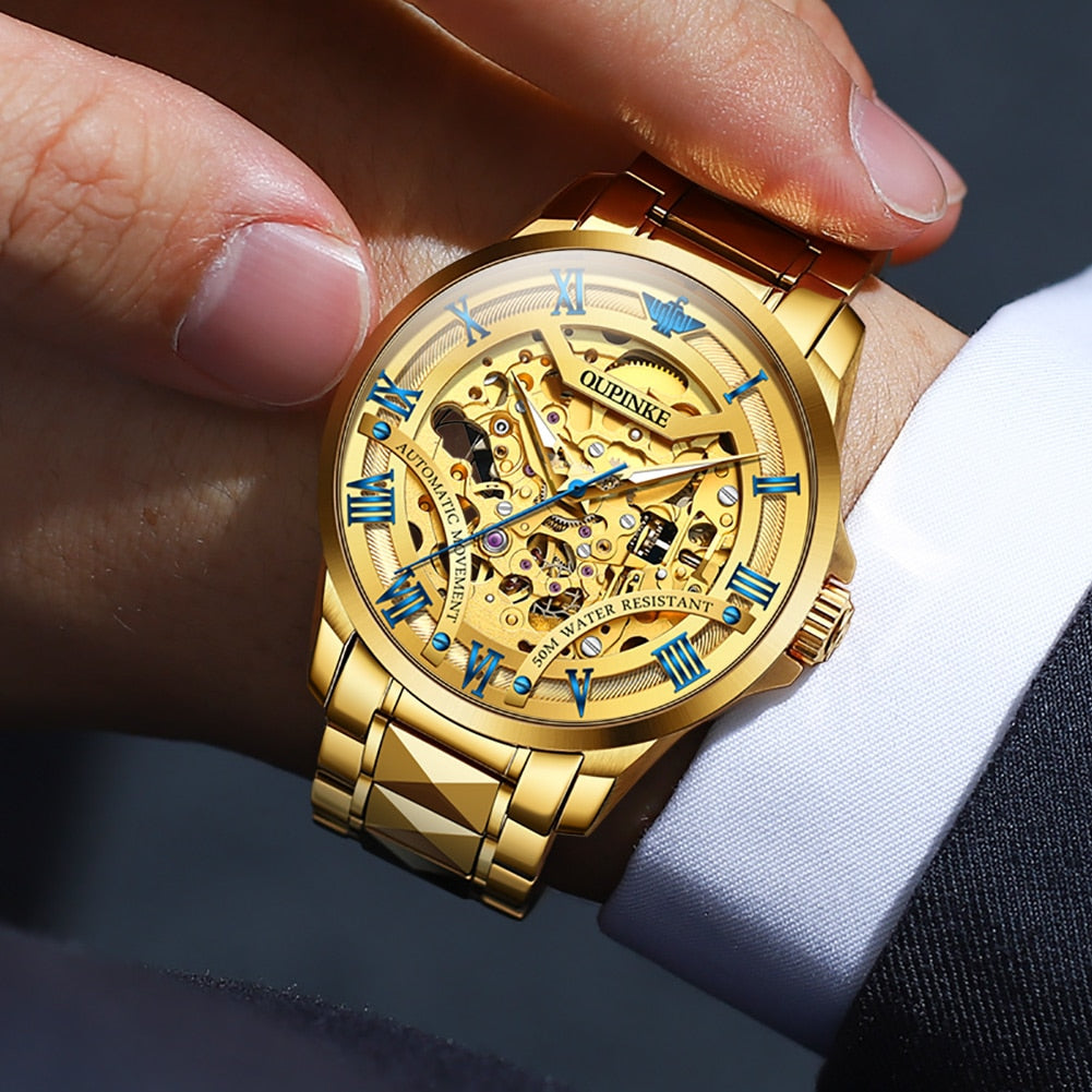 OUPINKE Top Brand Skeleton Watch for Man Luxury Automatic Mechanical Watch Japan Movement Waterproof Steel Strap Wristwatch 3210 - Bekro's ART