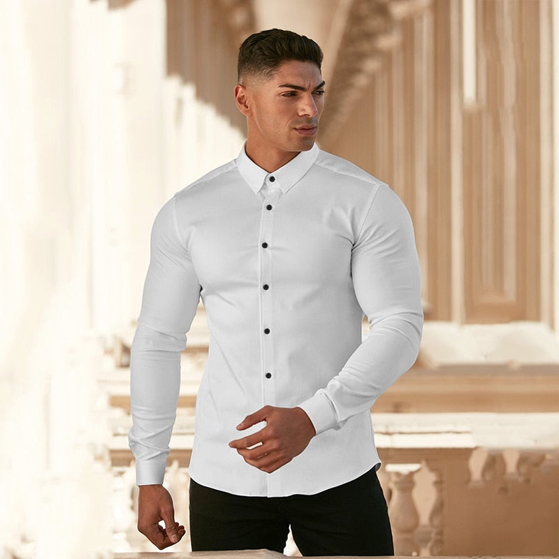 Men Fashion Casual long Sleeve Solid Shirt Super Slim Fit Male Social Business Dress Shirt Brand Men Fitness Sports Clothing - Bekro's ART