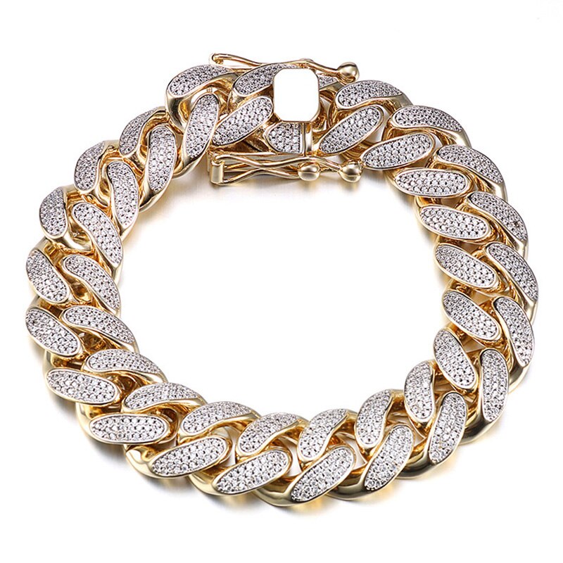 HIP HOP High-Quality Iced Out  Bracelet For Men  Paved Bling Zircon Stone Gold Cuban Link Chain for Free Shipping - Bekro's ART