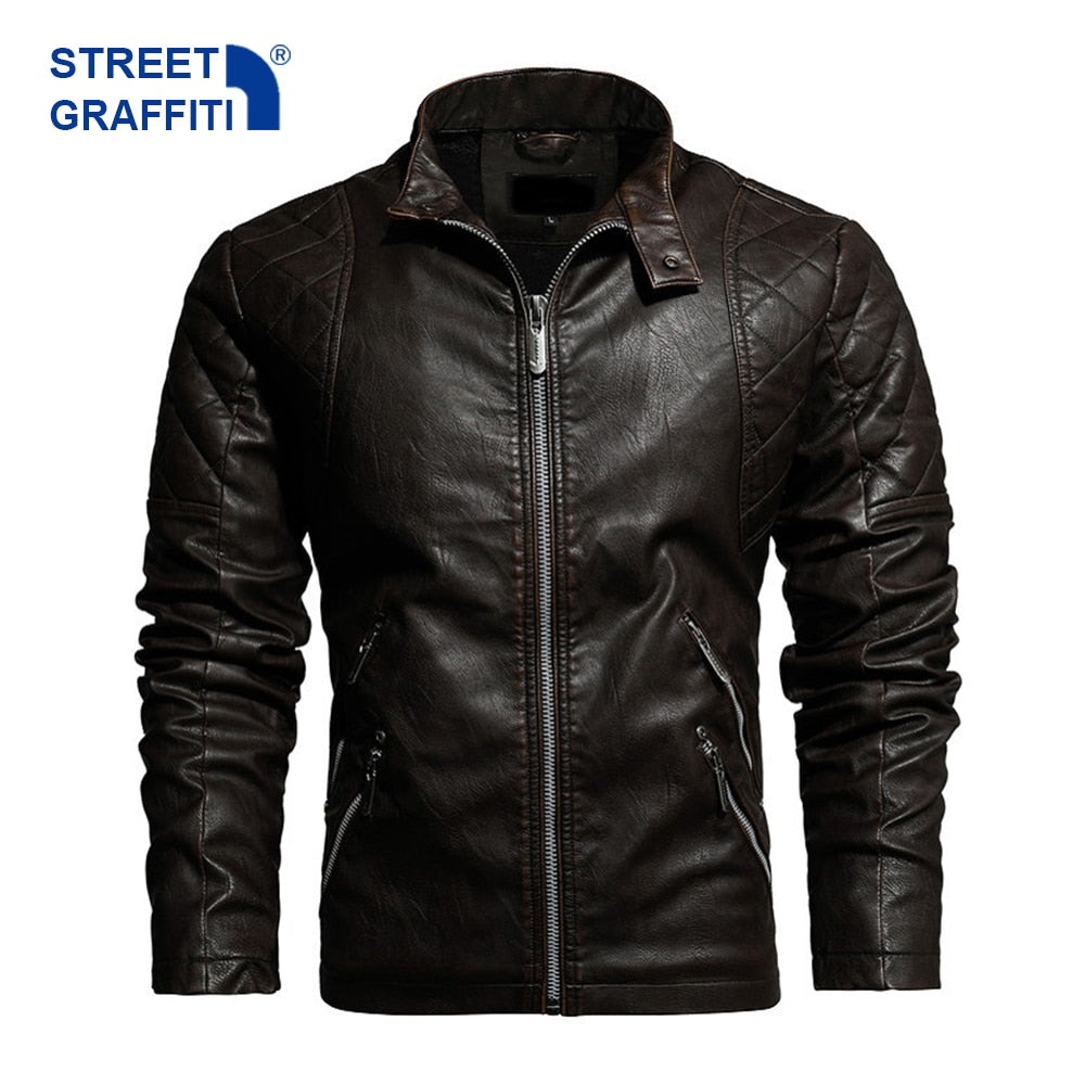 Men’s Motorcycle Jacket Autumn Winter Men New Faux PU Leather Jackets Casual Embroidery Biker Coat Zipper Fleece Jacket - Bekro's ART