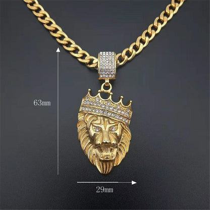 Lion Chain Head Pendant Iced Out Bling Crown Gold Animal Lion Necklace for Men/Hip Hop Jewelry - Bekro's ART