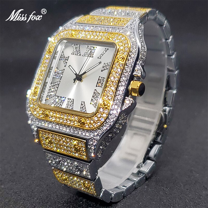 MISSFOX Square Watches For Men Luxury Designer Diamond Watch Limitied Ice Gray Edition Quartz Wristwatches For Couple - Bekro's ART