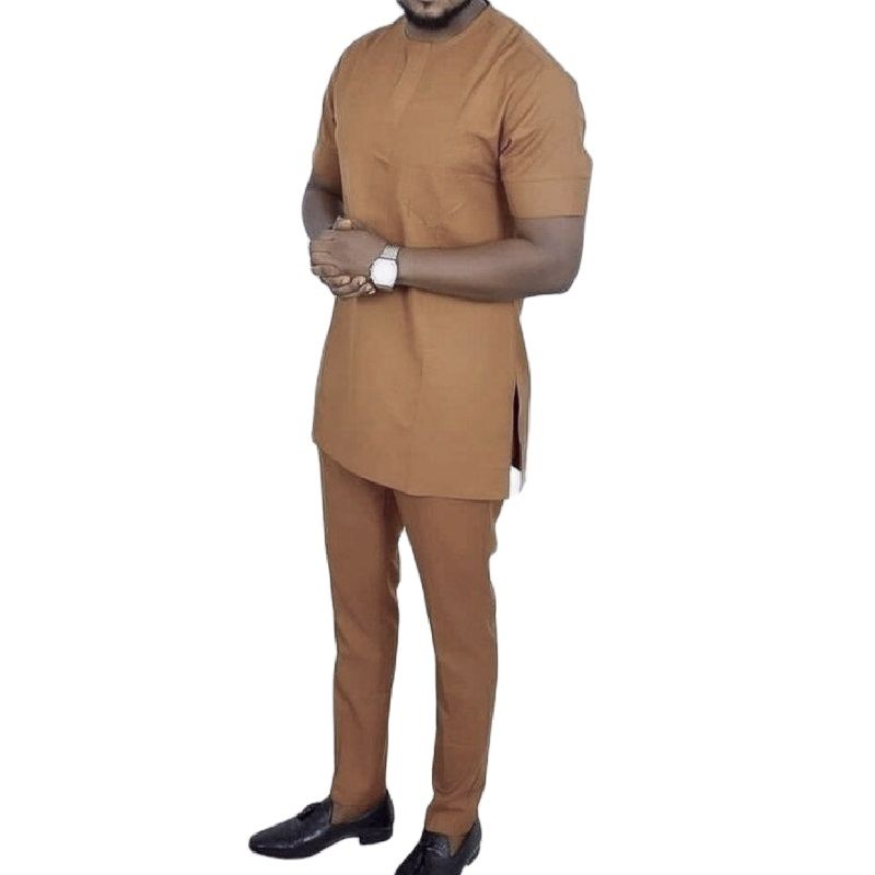 African clothing Men's set short sleeve shirt patch trouser solid color cotton fashion pant sets wedding male event outfits - Bekro's ART