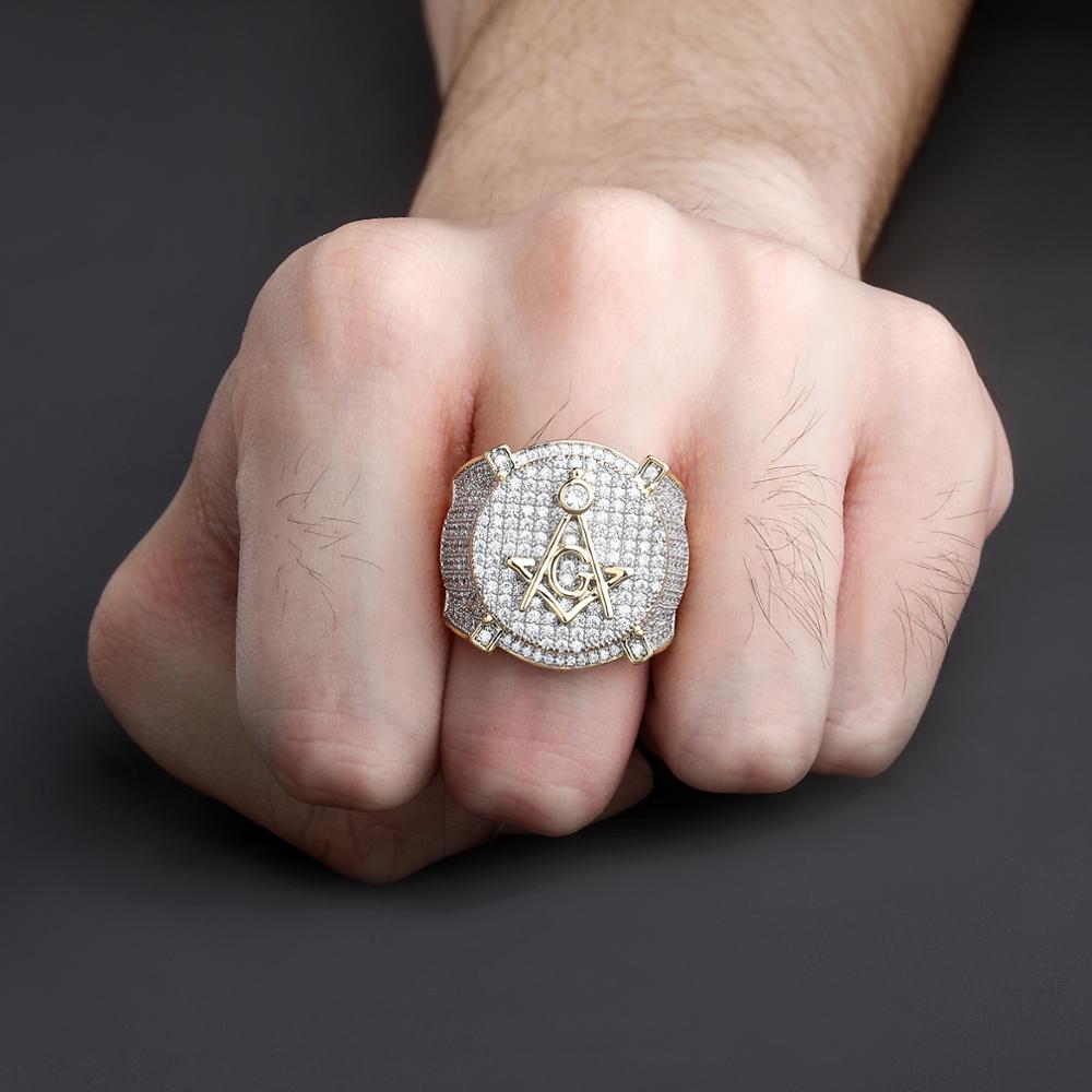 TOPGRILLZ Hip Hop Gold Color Plated Brass Iced Out Micro Pave Cubic Zircon Masonic Ring Charm For Men Gifts With 7 8 9 10 11 - Bekro's ART