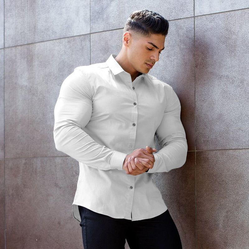 Men Fashion Casual long Sleeve Solid Shirt Super Slim Fit Male Social Business Dress Shirt Brand Men Fitness Sports Clothing - Bekro's ART