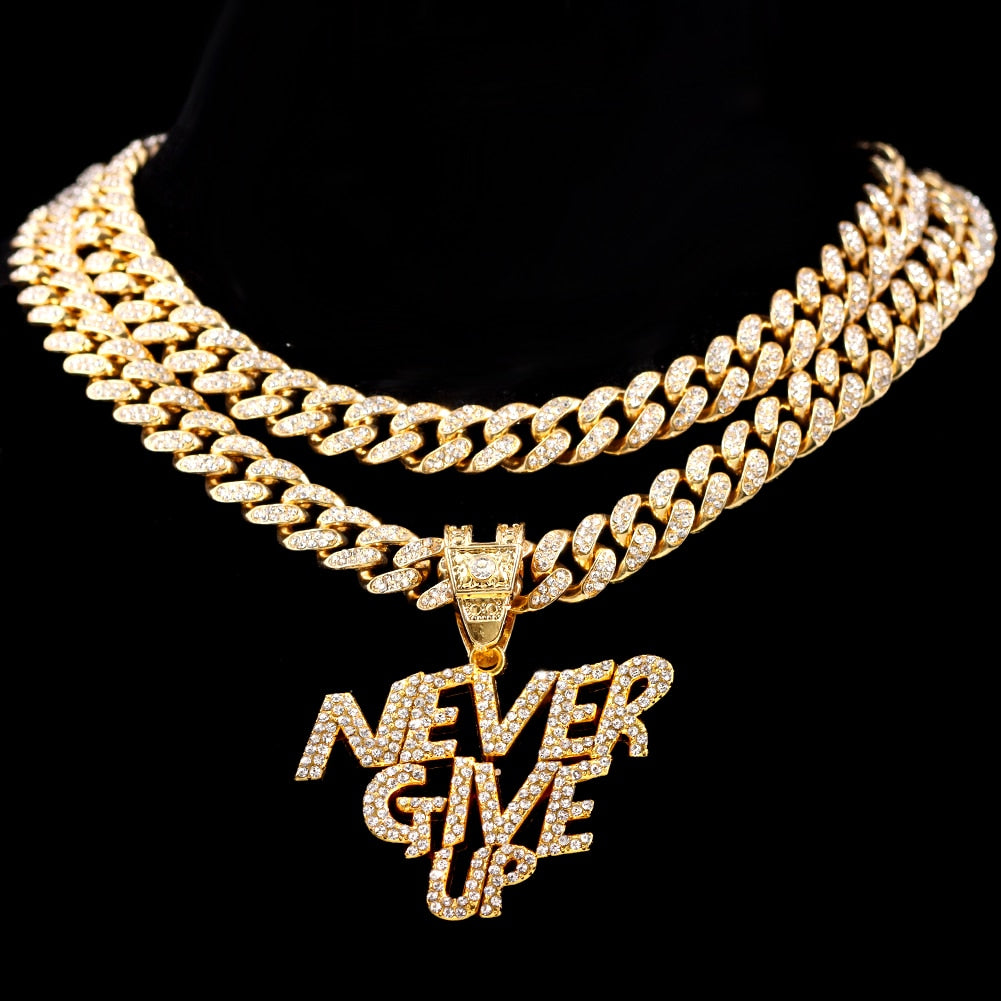 Hip Hop Men NEVER GIVE UP Letter Pendant Necklace Iced Out Bling Crystal 13mm Cuban Link Chain Necklaces Rock Jewelry Gift - Bekro's ART