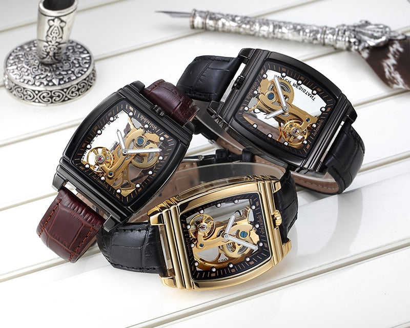 SHENHUA  Transparent Automatic Mechanical Watches Fashion Male Steampunk Skeleton Luxury Dial Turbillon Self-Wind Mens Watches - Bekro's ART