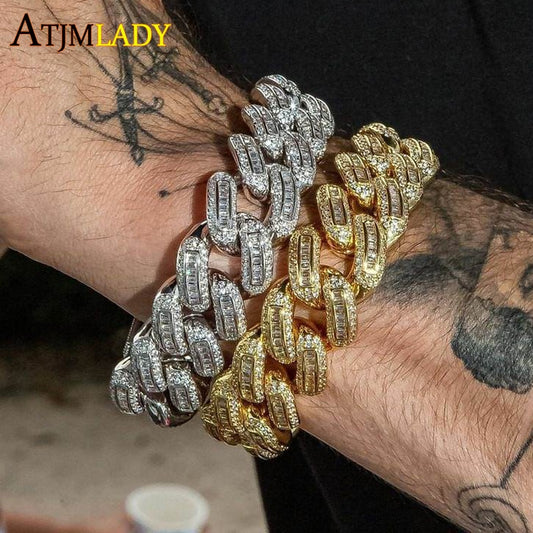 New Arrived 18mm Width Hip Hop Full Iced Out Baguette Cubic Zircon Bling CZ Miami Cuban Link Chain Bracelets Jewelry For Men - Bekro's ART