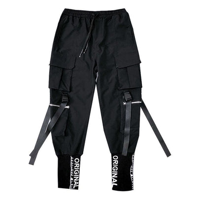 Hip Hop Men Ribbons Cargo Pants Fashion Harajuku  New Elastic Waist Casual Streetwear Mens Joggers Trousers Black - Bekro's ART