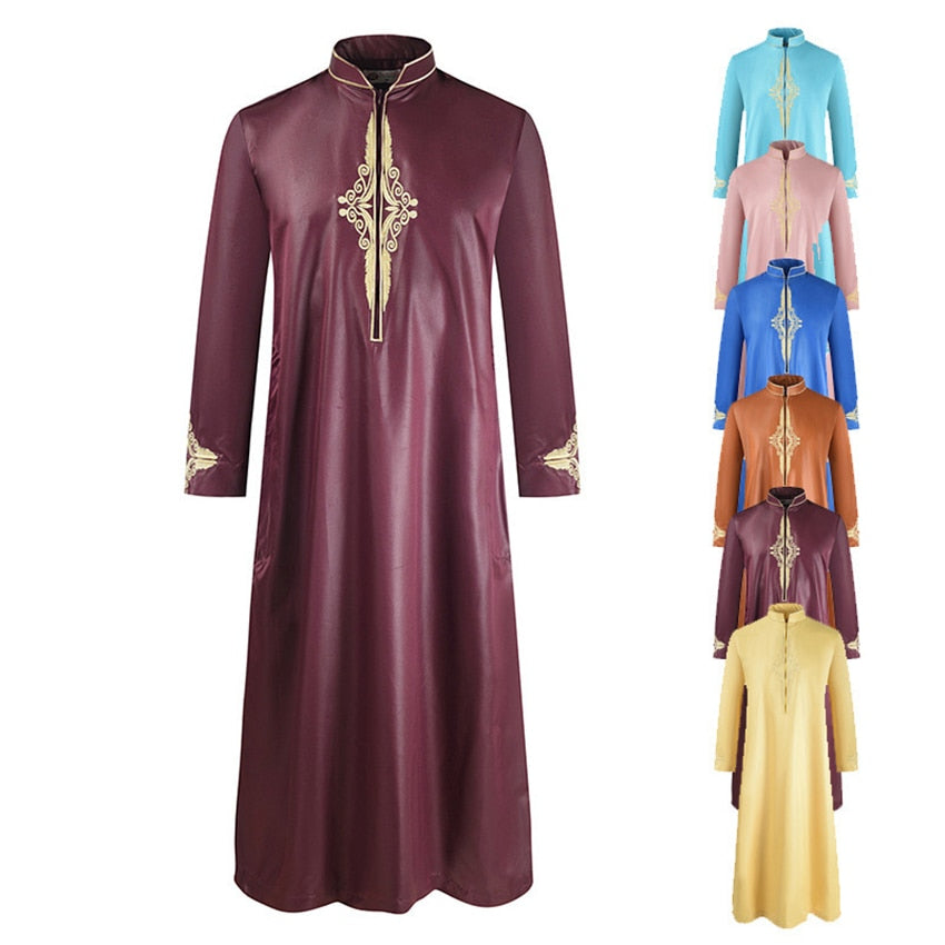 Ramadan Muslim Embroidery Dubai Abaya Vintage Men Long Robe Solid Color Turkey Indian Fashion Stand-Up Collar Islamic Clothing - Bekro's ART