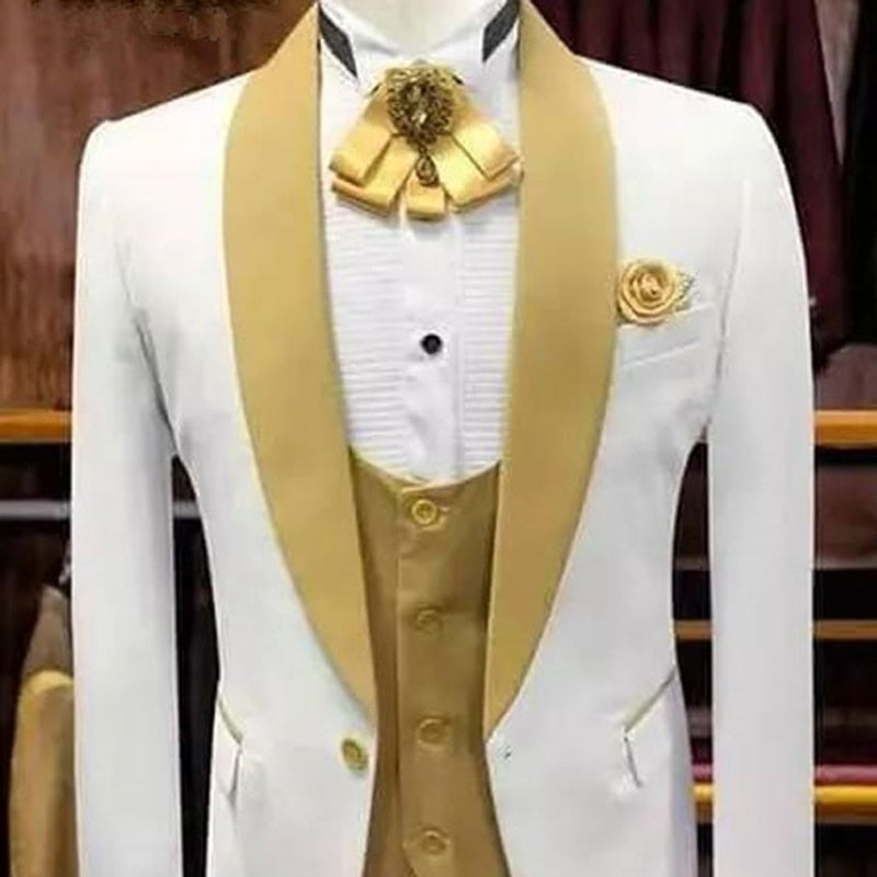 White and Gold Wedding Tuxedo for Groomsmen with Shawl Lapel Smoking Men Suits 3 Piece Male Fashion Set Jacket Vest with Pants - Bekro's ART