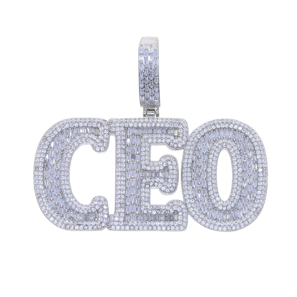 Hip Hop Baguette CZ Letter CEO Pendant Necklace Iced Out Bling 5A Full Paved Tennis Chain - Bekro's ART