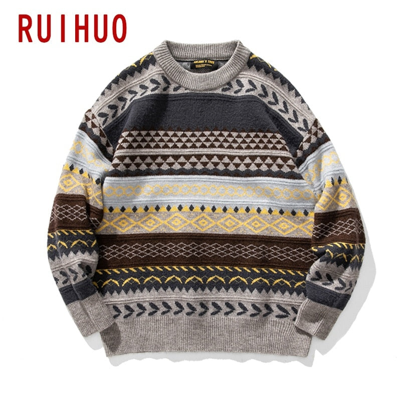 RUIHUO Knitted Striped Vintage Sweater Men Clothes Pullover Men Sweater Casual Men's Sweater Knit   New Arrivals - Bekro's ART