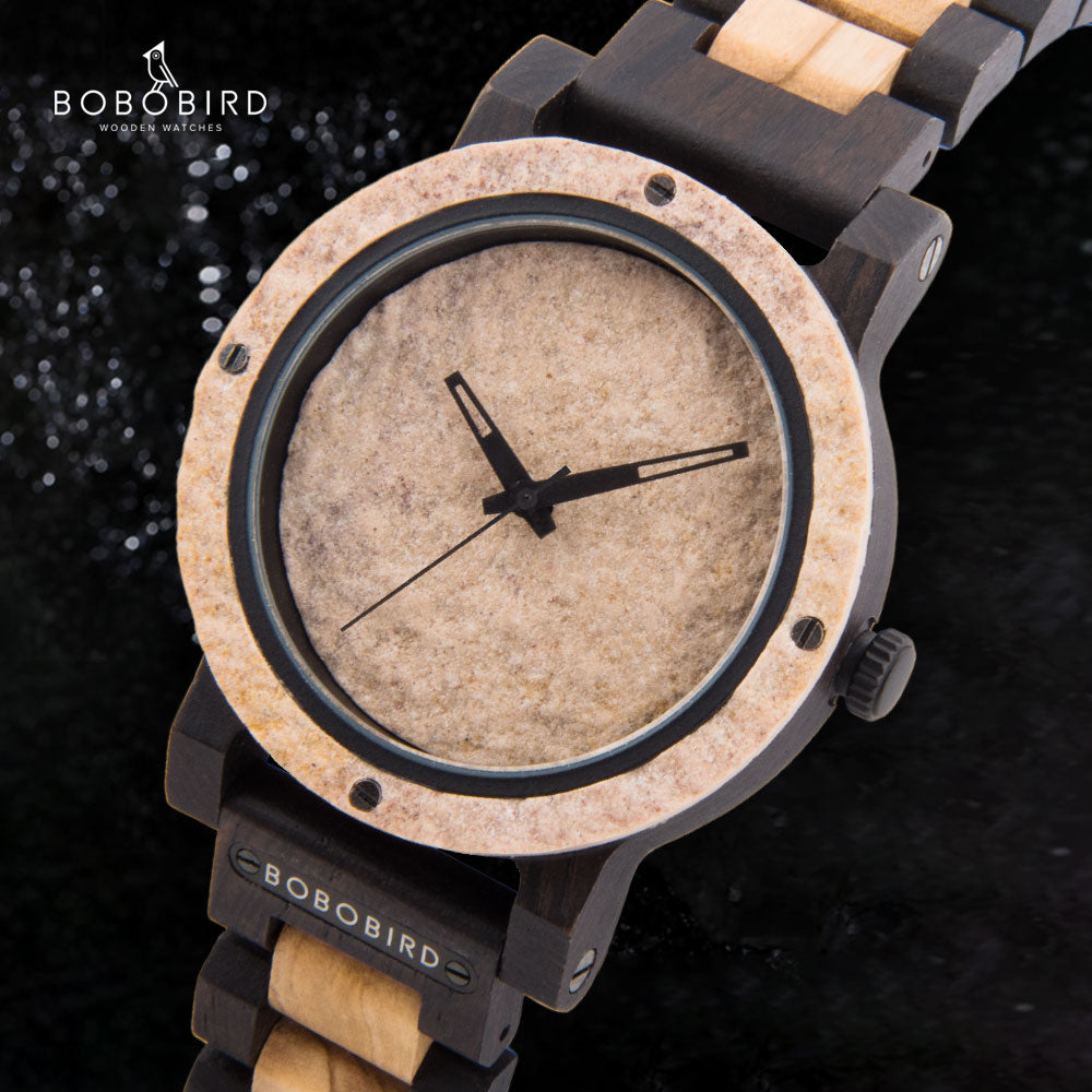 BOBOBIRD High Quality Rock Watches Natural Stone Watch Men Wooden Strap Top Japanese Quartz Movement Handmade Wristwatch For Man - Bekro's ART