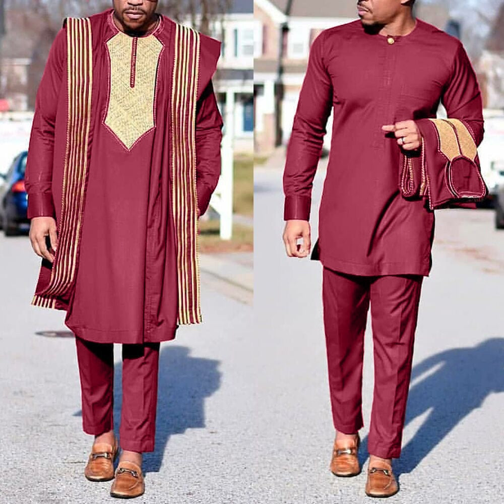African Agbada Suit For Men Embroidered Robes Dashiki Cover Shirt Pants 3 PCS Set Boubou Africain Homme Musulman Ensembles - Bekro's ART