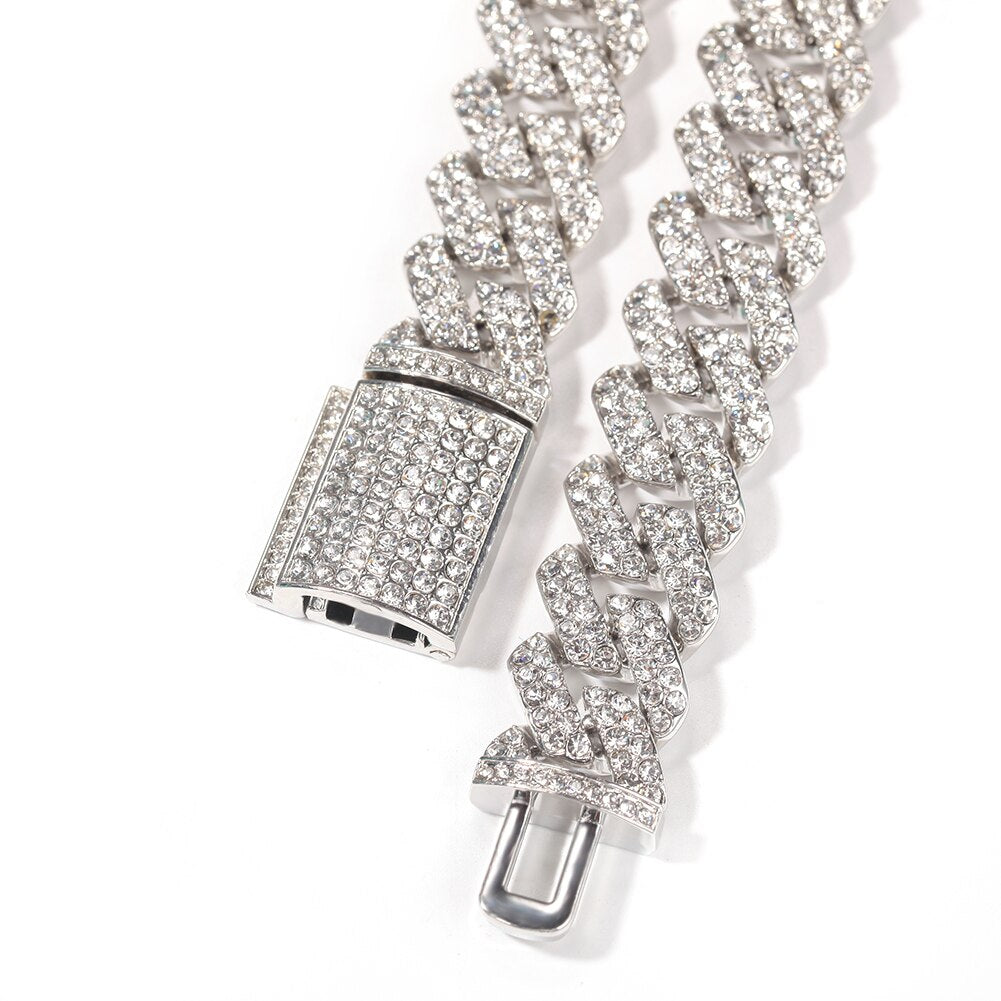 UWIN 18mm Zinc Alloy Miami Cuban Chain Necklace/Bracelet Set For Men Iced Out Bling Rhinestones Hip Hop Jewelry - Bekro's ART