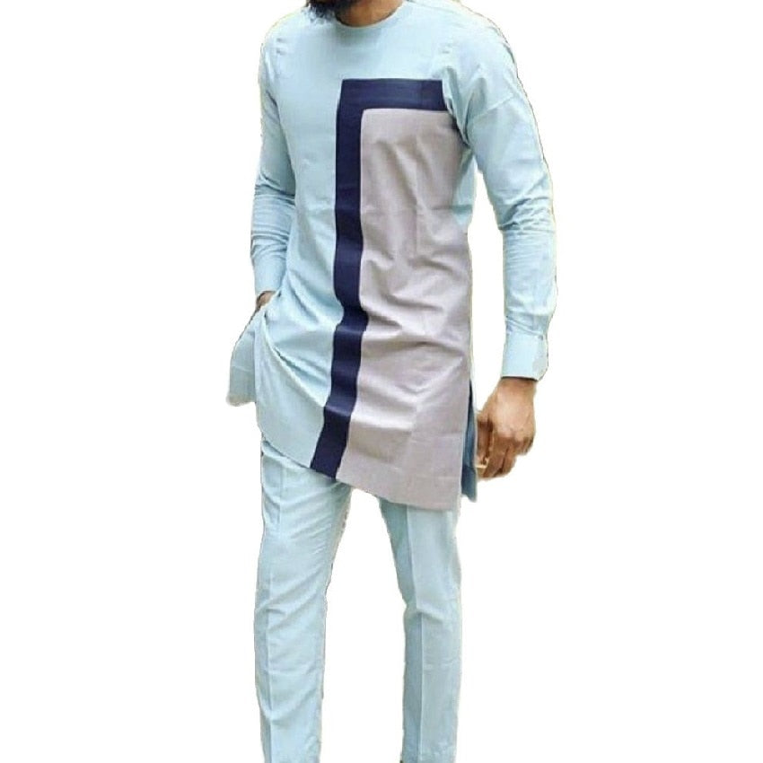 Sky Blue Patchwork Tops Design Cotton Men's Sets Shirt With Pant African Fashion Male Groom Suits Wedding Party Ankara Outfits - Bekro's ART