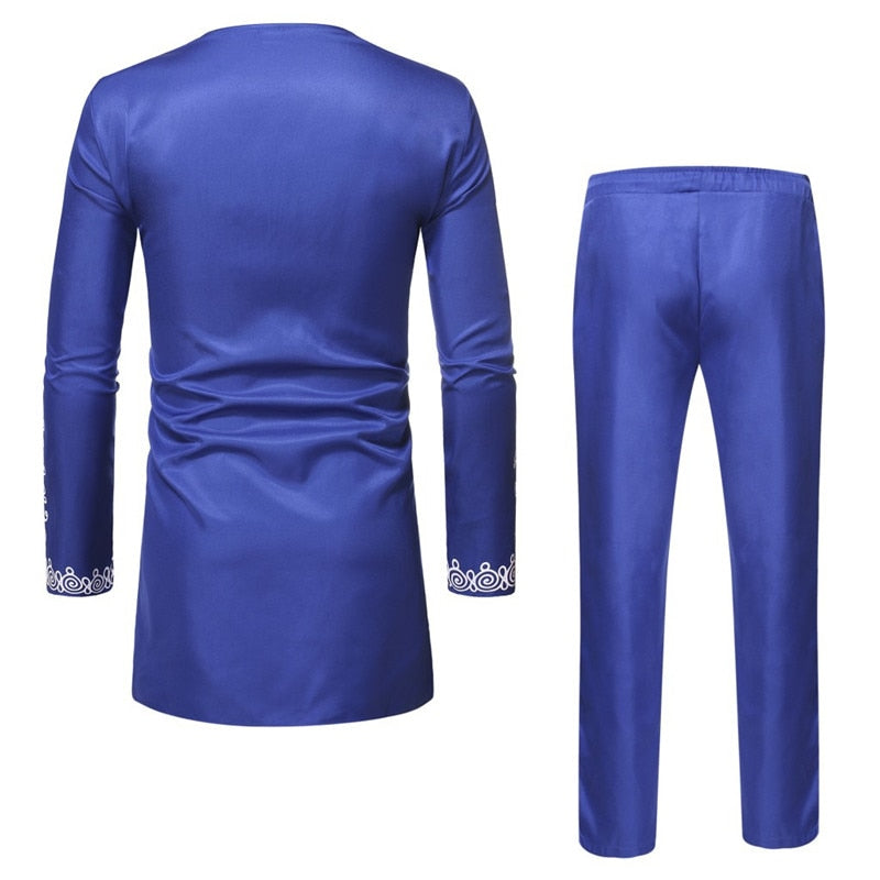 Blue African Print Top Pant Set 2 Pieces Outfit Set  Fashion Men African Clothes Dashiki Shirt with Trouser Men Africa Suit - Bekro's ART