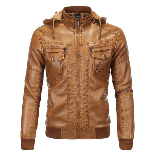 Autumn Winter Men's New Motorcycle Leather Jacket Lining with Velvet Stand Collar Faded leisure Artificial Leather Coat - Bekro's ART