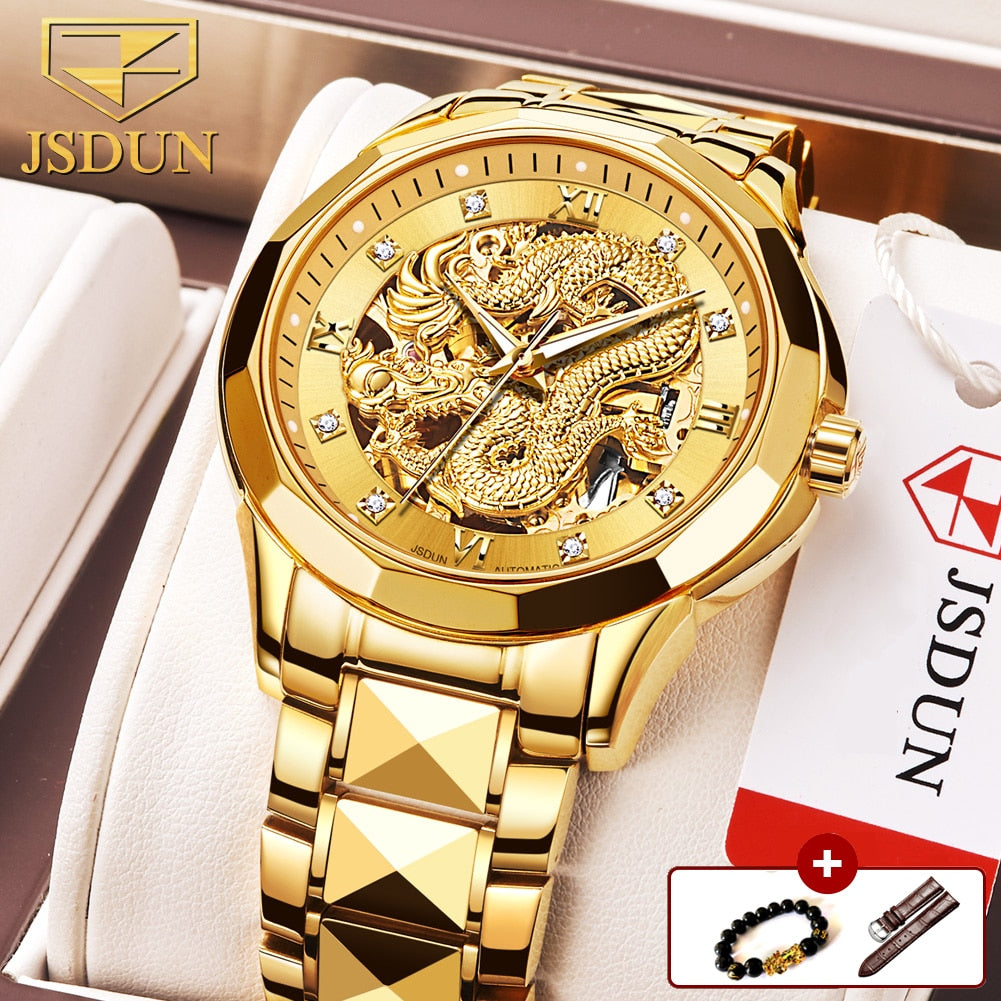 JSDUN Brand Luxury Automatic Mechanical Watches for Men Gold Dragon Watch Waterproof Fashion Unique Gift relogio masculino - Bekro's ART