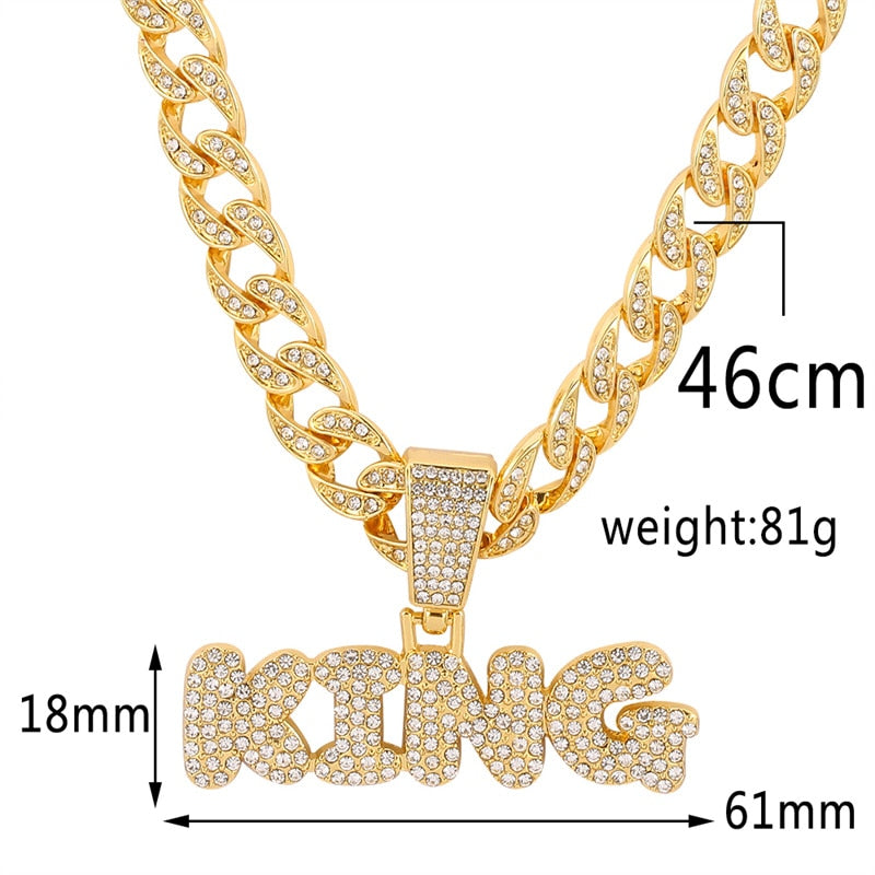 Hip Hop KING Letters Pendant Necklace with Miami Cuban Chain Iced Out Bling HipHop Necklaces Male Charm Jewelry Gift - Bekro's ART