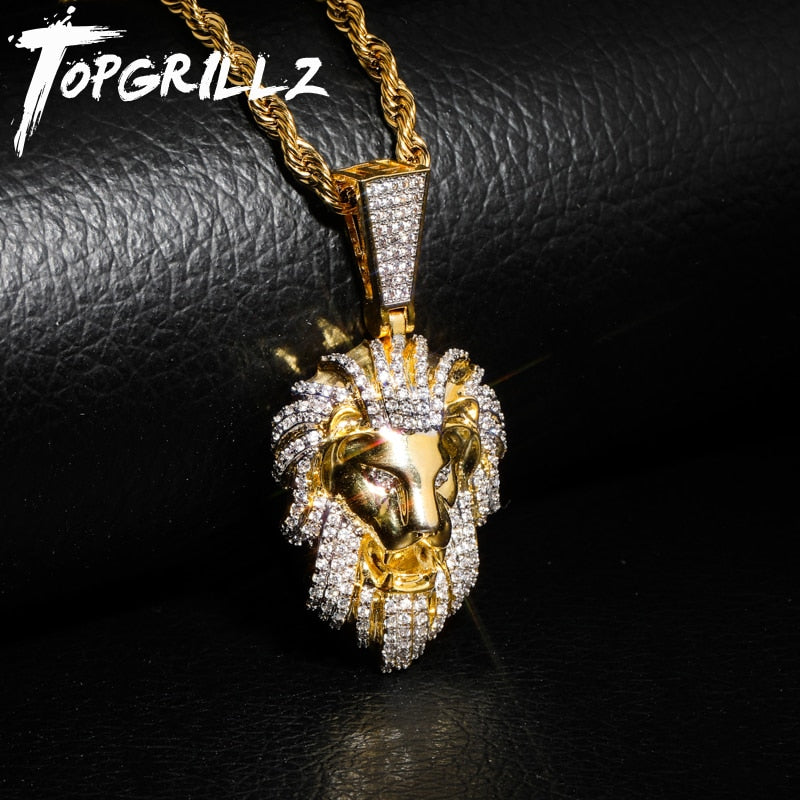TOPGRILLZ Hip Hop  Gold Color Plated Iced Out Micro Pave Cubic Zircon Lion Head Pendant Necklace Charm For Men Jewelry Gifts - Bekro's ART