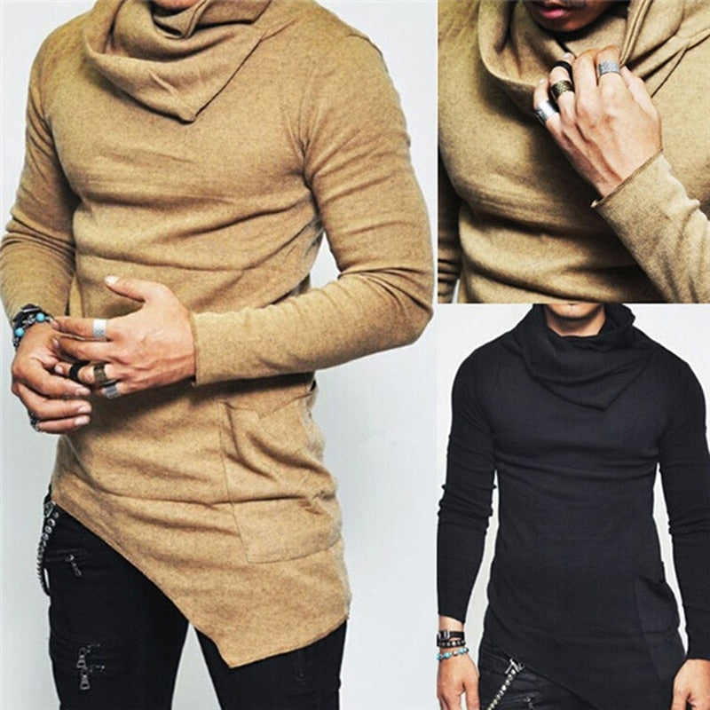 Men's Hoodies Unbalance Hem Pocket Long Sleeve Sweatshirt For Men Clothing Autumn Turtleneck Sweatshirt Top Hoodie - Bekro's ART