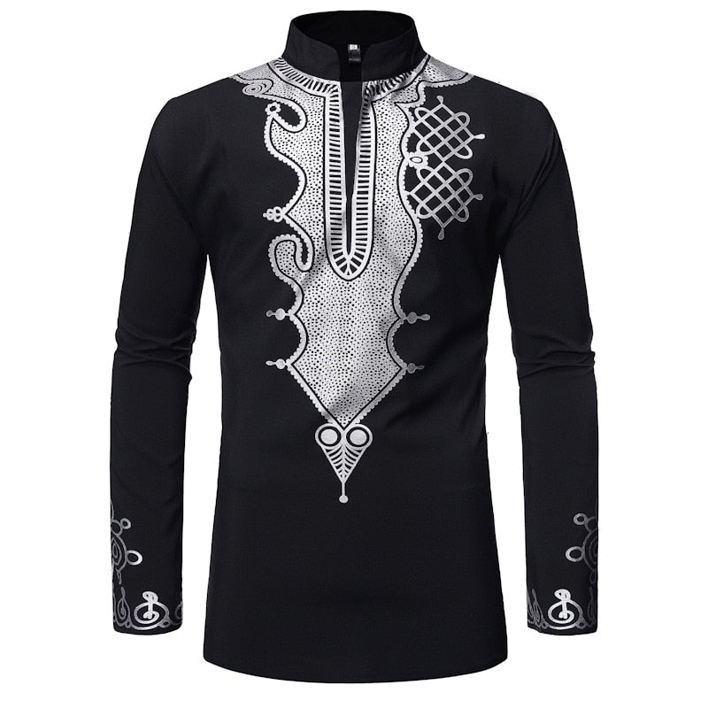 Traditional African Style Man Dashiki Long Sleeve Stand Collar Shirt Trend Bazin Riche Dress Printed Africa Chief Clothing - Bekro's ART