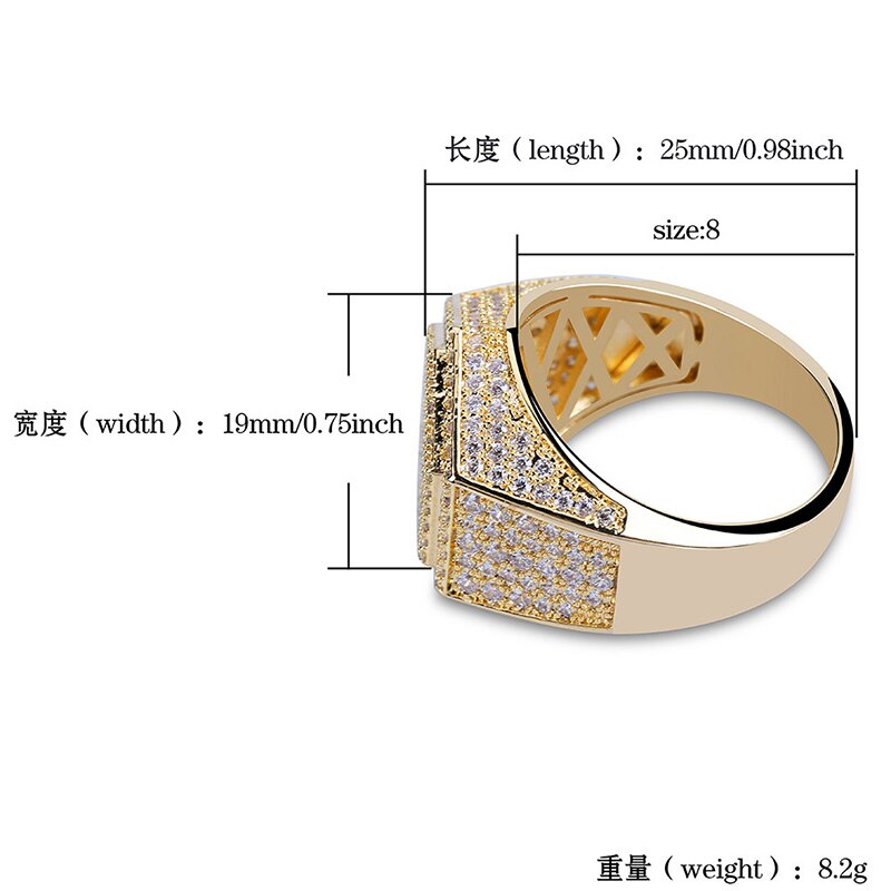 AZ Hexagon Gold Color Iced Out Ring Micro Paved Big Zircon Shiny Hip Hop Finger Ring for Men Jewelry Gift - Bekro's ART