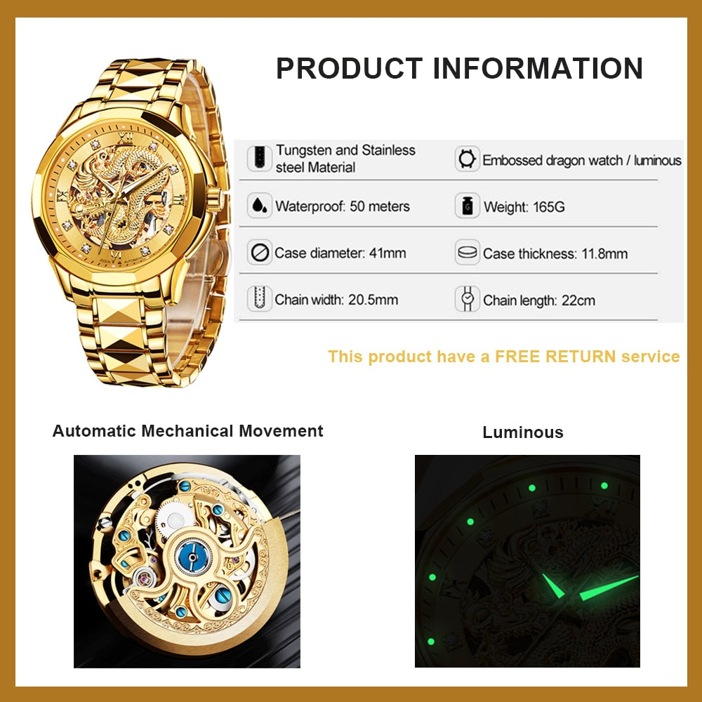 JSDUN Brand Luxury Automatic Mechanical Watches for Men Gold Dragon Watch Waterproof Fashion Unique Gift relogio masculino - Bekro's ART