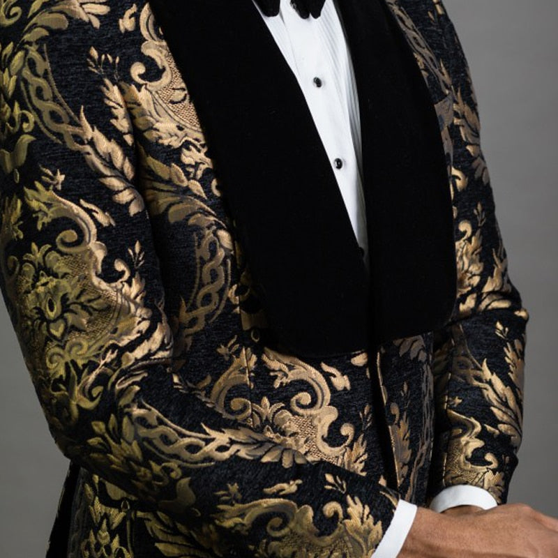 Black Floral Jacquard Prom Men Suits 2 Piece Slim Fit with Velvet Shawl Lapel Wedding Groom Tuxedo Male Fashion Clothes - Bekro's ART