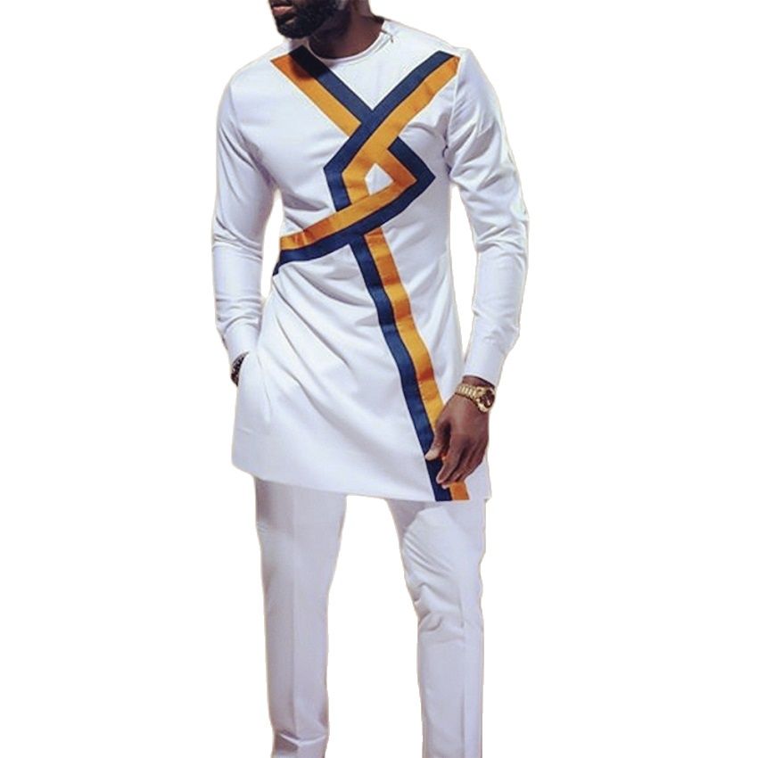 Asymmetric Design Men's Set Nigerian Fashion White Male Pant Suits Stripe Shirt+Trousers African Banquet Garments - Bekro's ART