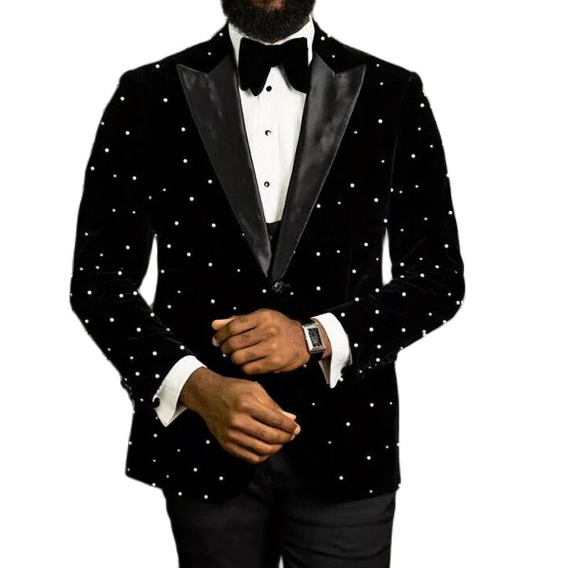 Stunning Beading Men Suits Slim Fit Black Velvet Wedding Tuxedos 2 Piece African Fashion Jacket with Pants Groom Wear - Bekro's ART