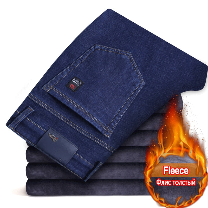 Winter New Men's Warm Slim Fit Jeans Business Fashion Thicken Denim Trousers Fleece Stretch Brand Pants Black Blue - Bekro's ART