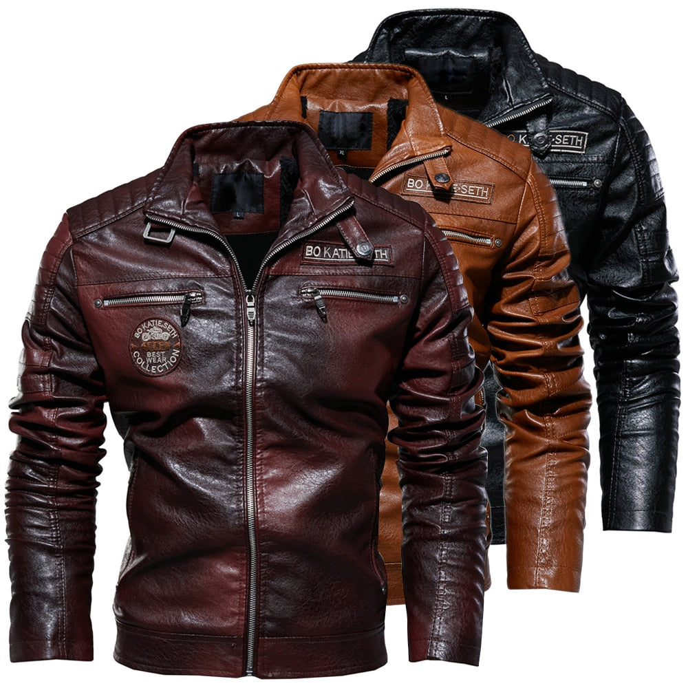 Leather Jacket Men Winter Fleece Motorcycle PU Leather Jacket Mens Stand Collar Casual Windbreaker Ropa De Hombre Slim Coat - Bekro's ART