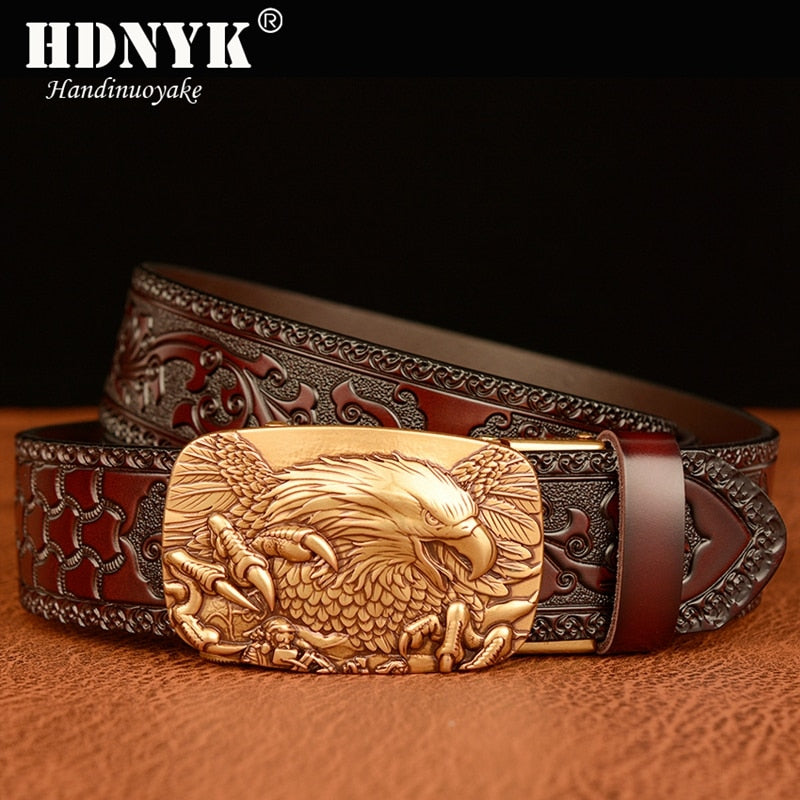 New Eagle Pattern Buckle Cowskin Leather Belt TOP Quality Alloy Automatic Buckle Wasitbad Strap Genuine Leather Gift Belt Men - Bekro's ART