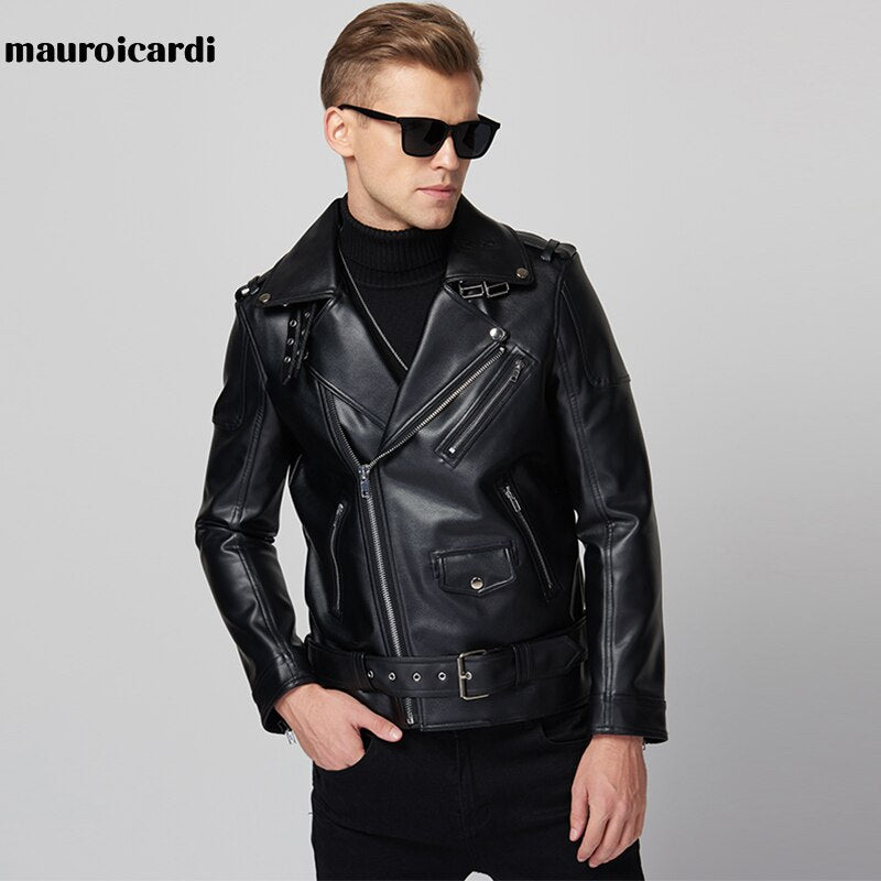 Mauroicardi Spring Leather Biker Jacket Mens Zipper Long Sleeve Belt Autumn Soft Faux Leather Jackets for Men Brand - Bekro's ART