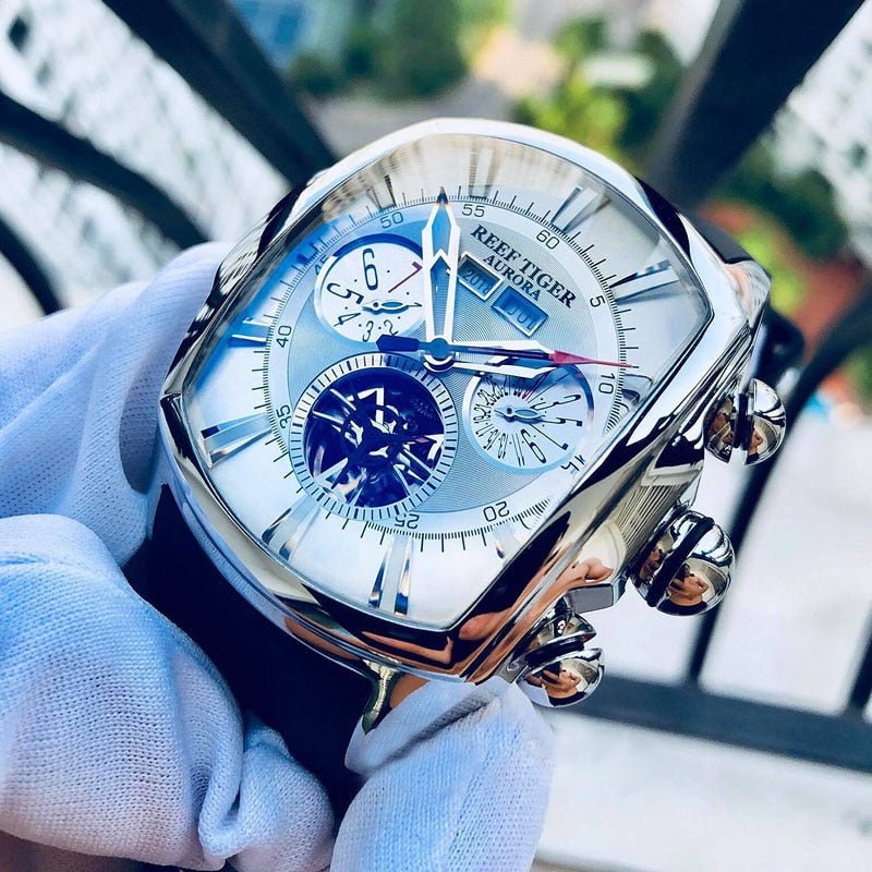 Reef Tiger/RT Top Brand Luxury Big Watch for Men Blue Dial Mechanical Tourbillon Sport Watches Relogio Masculino RGA3069 - Bekro's ART