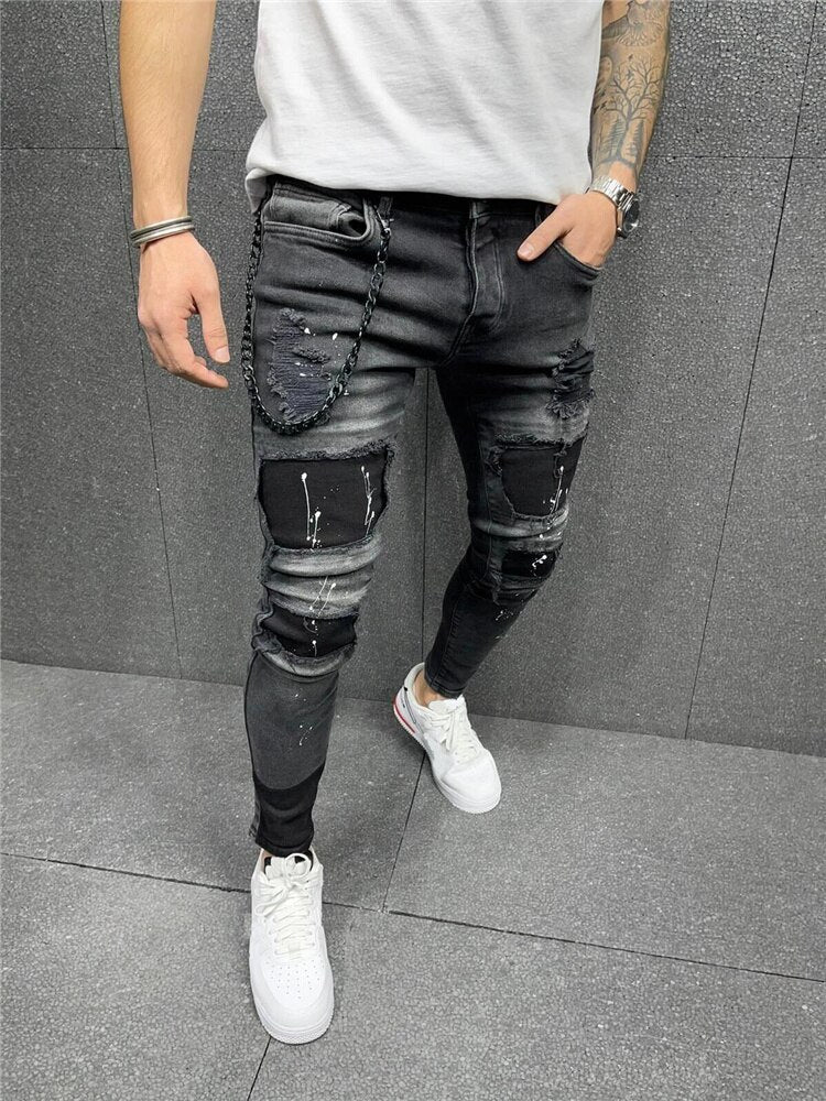 Men Ripped Skinny Jeans Biker High Quality Black Distressed Slim-Fit Pencil Pants Locomotive Zipper Denim Pants Hip Hop Trousers - Bekro's ART