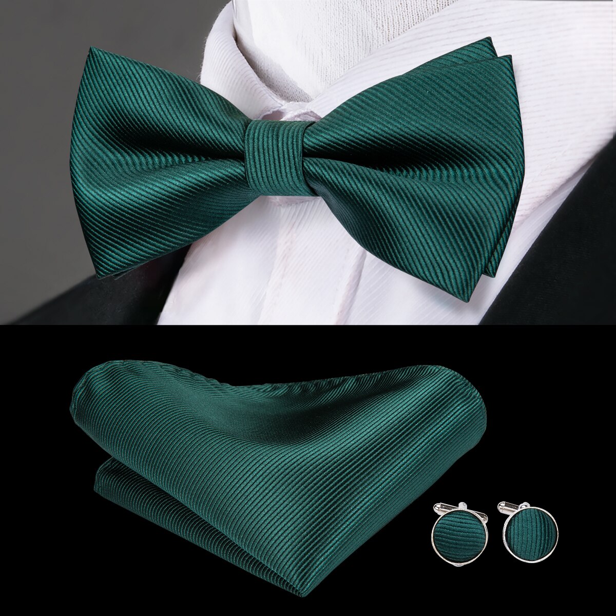 Hi-Tie Christmas Green Bow Ties for Men Silk Butterfly Tie Bow Tie Hanky Cufflinks Set Wedding Party Paisley Plaid Solid Bowtie - Bekro's ART