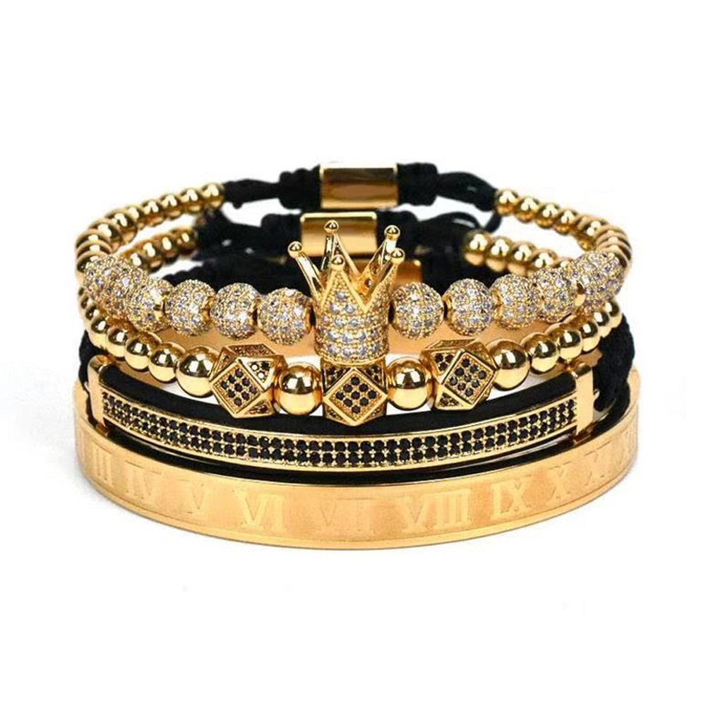 4pcs/set Gold Hip Hop Hand Made Bead Bracelet Men Copper Pave CZ Zircon Crown Roman Numeral Bracelets &amp; Bangles Luxury Jewelry - Bekro's ART