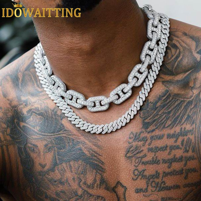 Bling Coffee Bean CZ Paved 19MM Choker Link Chain Necklaces For Men Iced Out Sparking Cubic Zirconia HIP HOP Fashion Jewelry - Bekro's ART