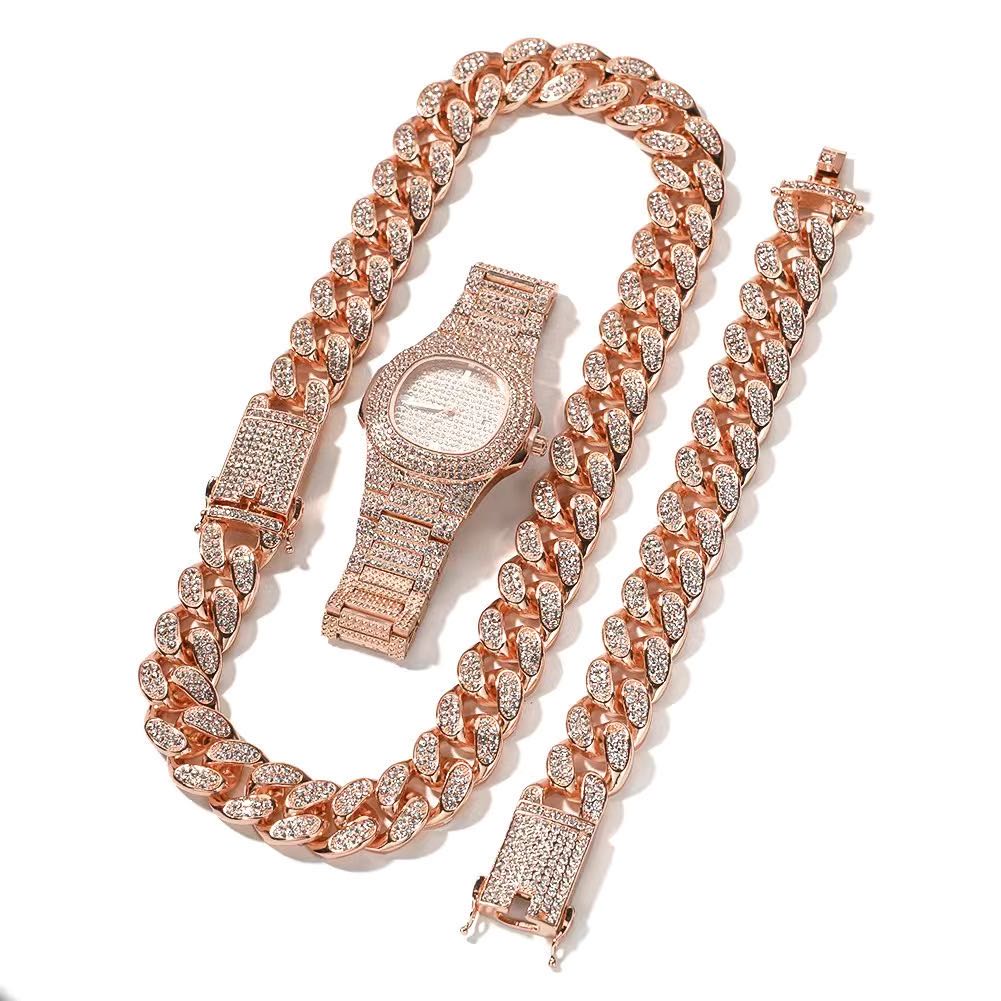 Iced Out Watch for Men Hip Hop Rapper Miami Cuban Chain Gold Necklace Paved Rhinestones Bling Watch Set Men Jewelry Choker - Bekro's ART