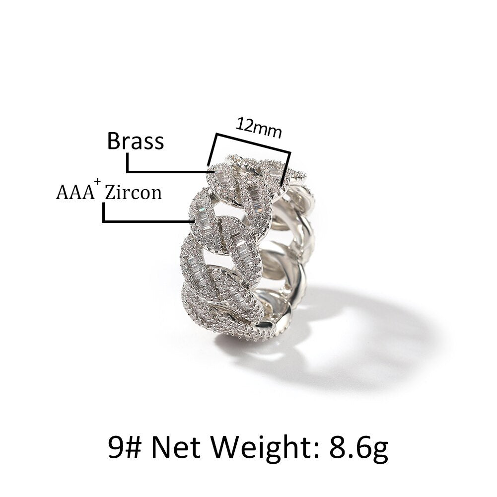 UWIN 12mm Cuban Link Rings Iced Out Baguettecz Ring for Men Cubic Zircon Silver Color Ring Fashion Hip Hop Jewelry for Gift - Bekro's ART